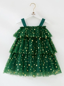 Dark green toddler girls Christmas tutu dress with golden star patterns and tiered mesh