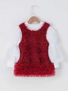 Girls red plush princess dress with white puff sleeves for Christmas party outfit