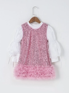 Pink sequin girls dress with white puff sleeves and layered tulle skirt for Christmas party