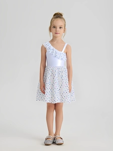 Robe blanche pour filles à sequins pois, épaule dénudée et jupe en tulle élégante
