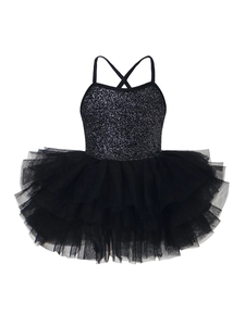 Sparkly black girls' ballet tutu dress with sequin bodice and crisscross straps
