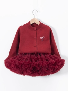 Ensemble pull en tricot bordeaux et jupe tutu pour filles avec broderie nœud pour l'hiver