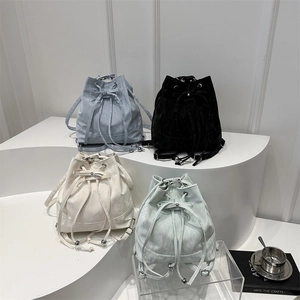 Women Minimalist PU Leather Bucket Bag Pleated Drawstring Shoulder Bag Casual Versatile Crossbody Handbag For Daily Summer Wear