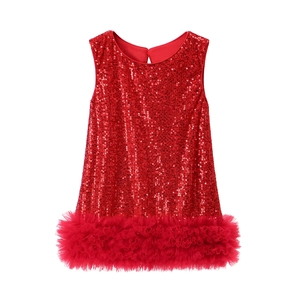 Close-up of girls red sleeveless party dress with shiny sequins and layered mesh tutu skirt