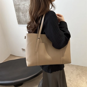 Chic khaki faux leather tote bag with large capacity and front pocket for women