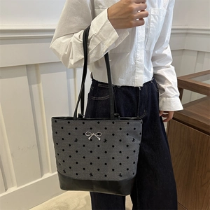 Vintage polka dot tote bag with bow embroidery and black leather trim for women