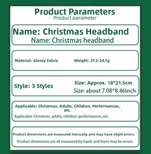 Detailed size and material specification chart for the Christmas sequin headband