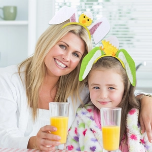 Easter bunny ear headbands with chick and eggshell designs worn by mother and child