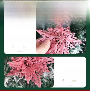 Detail view of 13cm pink Christmas flower pendant with sparkling glitter powder finish