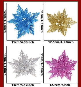 Size details of glitter Christmas flower ornaments in blue, gold, silver and purple colors