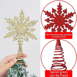 Close-up of glittery snowflake tree topper with secure spiral base for Christmas decor