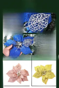 Detailed size guide of 22cm glitter artificial Christmas flowers with color options