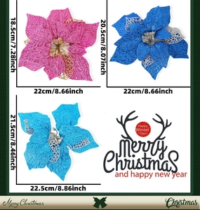 Close-up of three-layer fabric Poinsettia flowers with silver glitter for Christmas tree