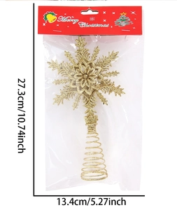 Detail view of gold glitter snowflake tree topper with dimensions and spiral base