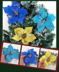 Close-up of 22cm glitter artificial poinsettia flowers for Christmas tree decoration