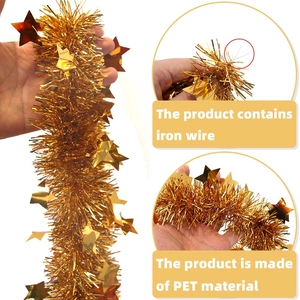 2m golden star tinsel garland with inner iron wire for festive party wall decoration