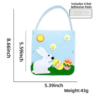 Detailed dimensions of blue felt Easter gift bag with bunny and dimensions shown