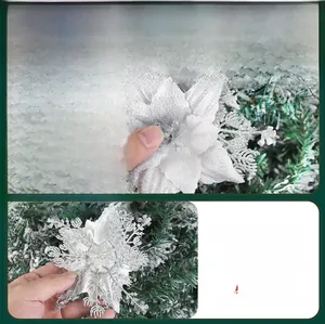 Macro view of white Christmas tree flower decoration with silver glitter finish
