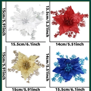 Glitter artificial poinsettia Christmas tree flowers in red, gold, blue, and white sets