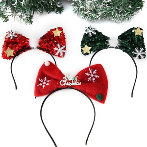 Christmas bow headbands set with red and green sequins, stars and Merry Christmas slogan
