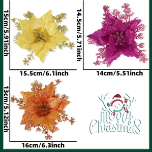 Detailed size comparison of multicolor glitter artificial poinsettia flowers for Christmas trees