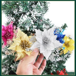 Detail of 15cm glittering artificial poinsettia flower for Christmas tree decoration