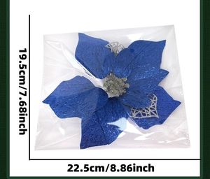 Blue fabric Christmas poinsettia flower with silver glitter details and size measurements