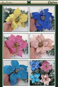 Close-up of 22cm glitter artificial Christmas flowers in multiple colors for tree decor