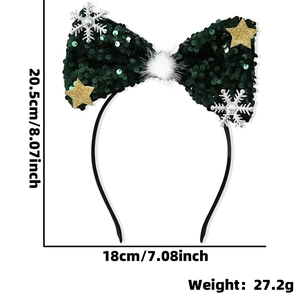 Christmas headband with large green sequin bow, silver snowflakes and golden stars decor