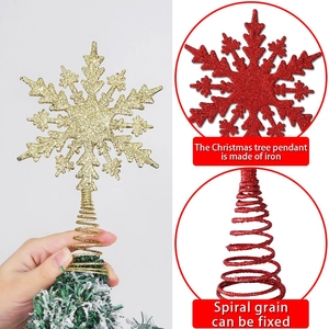 Glittery snowflake Christmas tree topper in gold and red with a spiral iron base for stability