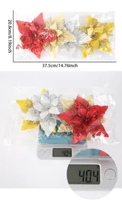 Detailed view of Christmas glitter fabric flower set showing size and weight specs