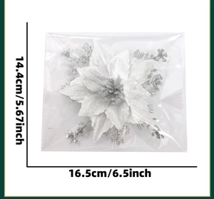 Detailed size view of silver glitter poinsettia flower for Christmas tree decoration
