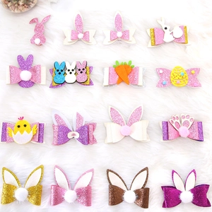 Set of 16 Easter hair clips with glitter bunny ears, chicks, and carrots for children