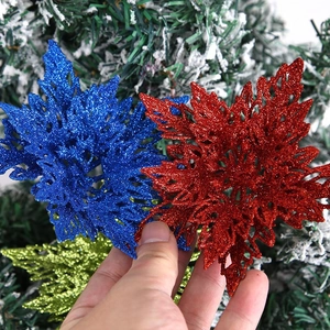 Glittery 13cm Christmas flower ornaments in red, blue and green for tree decoration