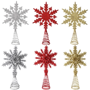 Glittery iron snowflake Christmas tree toppers in gold, silver, and red with spring bases