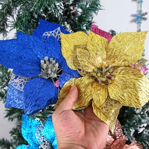 Artificial Christmas Flower Glitter Fabric Poinsettia Christmas Tree Hanging Ornament Festive DIY Home Party Decor