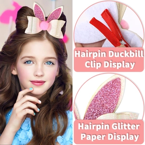 Glittery bunny ear hair clip with pink bow and pompom for kids' Easter party