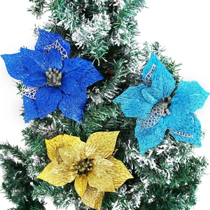 Poinsettia Christmas tree decorations with gold glitter and 3-layer fabric in blue and gold
