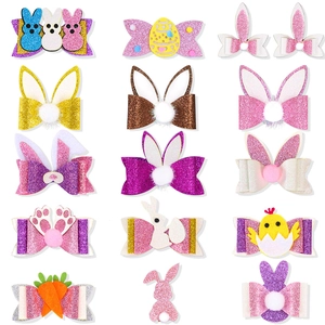 14-piece Easter glitter bunny ear hair clips set with colorful carrots and chick designs