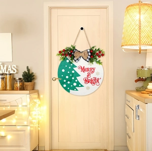 Cozy home interior showing a Merry & Bright Christmas wooden sign on a wooden door.