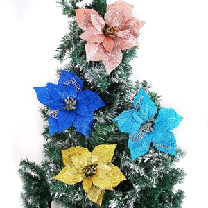 Glittery 22cm artificial Christmas flowers in pink, blue, and gold for tree decoration