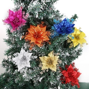 Artificial Christmas Poinsettia Flowers Glitter Shimmering Flower Tree Decoration Hanging Ornaments Party Festive Decor