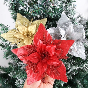 Glitter Artificial Christmas Poinsettia Flowers For Christmas Tree Decoration Fabric Glitter Floral Hangings Festive Home Ornament