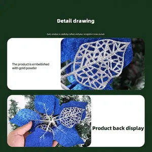 Blue Christmas artificial flower with silver glitter petals and mesh details on festive tree