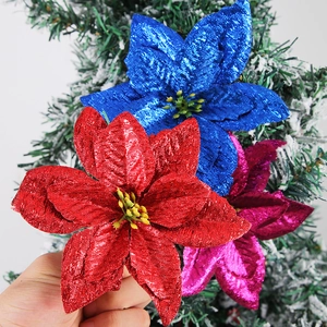 Fleurs de Noël Artificielles à Paillettes Poinsettia en Plastique et Tissu Scintillant Ornements de Fleurs pour Décoration d'Arbre de Noël Fête Maison