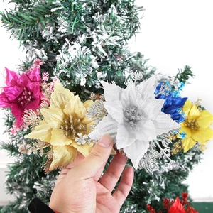 Colorful 15cm glitter Christmas flowers for tree decoration in multiple festive shades