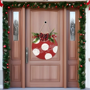 28cm wooden Christmas door sign with red plaid bow and greenery on a front door