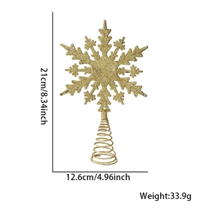 Golden glitter star Christmas tree topper with dimensions and spring base on white background