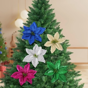 Lot de 5 fleurs de poinsettia artificielles pailletées sur sapin de Noël coloré