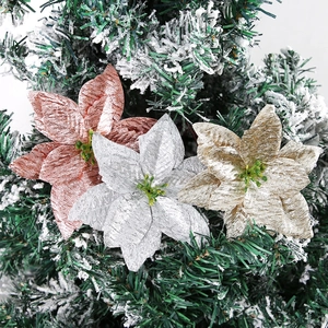 Lot de fleurs de poinsettia artificielles de 15 cm dorées et argentées pour sapin de Noël